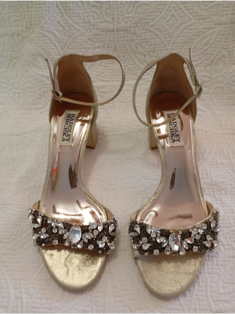 Badgley Mischka Gold Block Heel Sandals Rhinestone Embellishments Ankle Strap 7